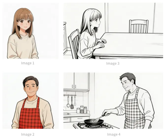 Image 1-4 (Girl, Dad, Storyboard panels)